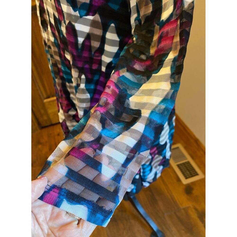 Dana Bachman Blouse Sz Medium Top Sheer Overlay Purple Green Black Rounded Neck - Picture 4 of 12